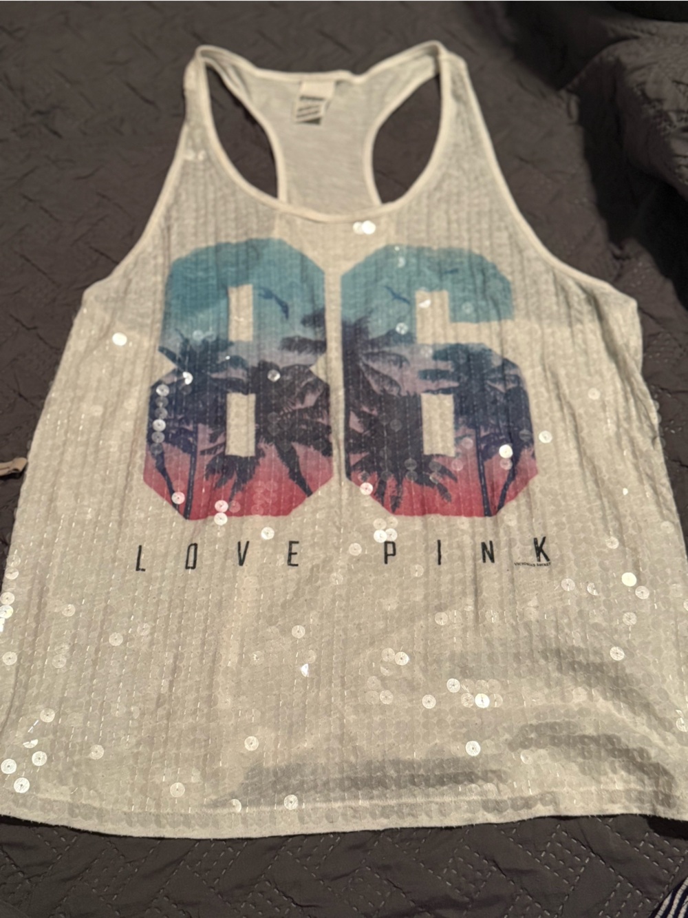 Victoria's Secret Love Pink Sequin Tank Top with Teal, Navy & Coral Graphic